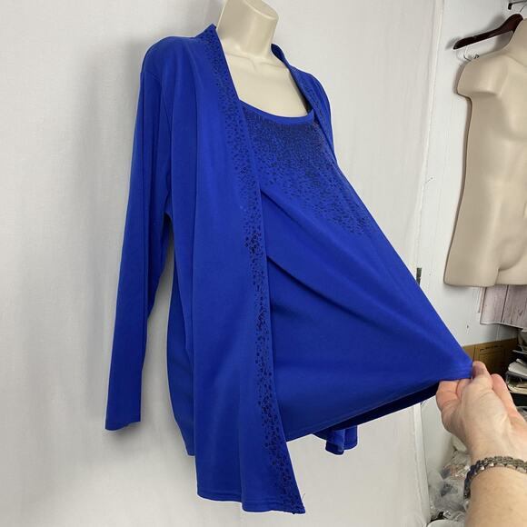 Quacker Factory Top Womens 2X Blue Sequin Tank Cardigan TwoFer 2Fer Layered Look - Picture 4 of 12